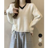 Vネックリブニットトップス 暖かいニット | Miniministore | 詳細画像1 