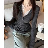 チャコールグレー | レース付リブニットトップス Vネック長袖 | SUNSHINE CLOSET