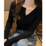 ブラック | オープンネックスリム リブニットトップス | Miniministore