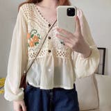ベージュ | 花刺しゅう シフォン袖 ニットトップス | Miniministore