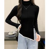 ブラック | 配色ハイネックニットセーター リブニット | Miniministore