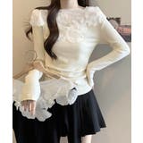 花柄装飾 長袖 リブトップス 韓国風 | Miniministore | 詳細画像1 