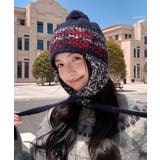 ネイビー | ニット帽子 レディース 配色 紐付き | Miniministore