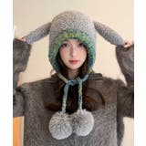 グレー | うさぎ耳ニット帽 配色 レディース 小顔 | Miniministore