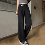 ブラック | ワイドパンツ アシンメトリー 英字ロゴ | Miniministore