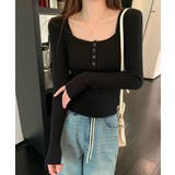 ブラック | ニットトップス スクエアネック 無地 | Miniministore