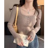 ピンクベージュ | ニットトップス スクエアネック 無地 | Miniministore