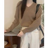 キャメル | ニットトップス レディース 無地Vネック | Miniministore
