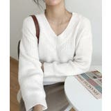 ホワイト | ニットトップス レディース 無地Vネック | Miniministore