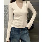 Vネック 長袖Tシャツ 韓国風カットソー | Miniministore | 詳細画像5 