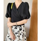 ブラック | カシュクール トップス パフスリーブ オフィスカジュアル | Aimoon