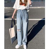 サックス | デニム ストレートパンツ ダメージ加工 | Aimoon