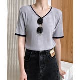 ラベンダーグレー | ニットトップス レディース バイカラー半袖 | Aimoon