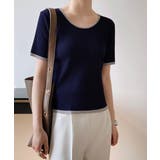 ネイビー | ニットトップス レディース バイカラー半袖 | Aimoon