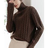 ダークブラウン | タートルネックニットトップスケーブル編み | Miniministore
