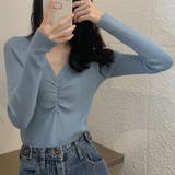 ブルー | ギャザーリブニットトップスレディース秋冬 | Miniministore