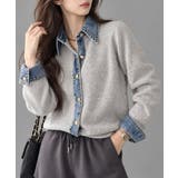 襟付きレイヤード風ニットレディース 異素材ドッキングニットトップス ゴールドボタ… | SUNSHINE CLOSET | 詳細画像1 