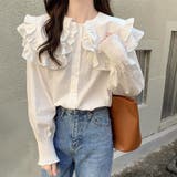 ホワイト | フリル ブラウス レディース 長袖 襟付き ボリューム袖 可愛い 春 韓国 | ミスウェディー