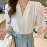 ホワイト | トップス パール付きブラウス Vネック | ミスウェディー