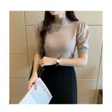 モカベージュ | リブニット パワーショルダー 5分袖 | ミスウェディー