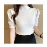 ホワイト | リブニット パワーショルダー 5分袖 | ミスウェディー