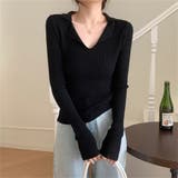 ブラック | 無地 ニット Vネック リブニット トップス  | ミスウェディー