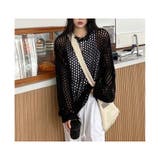 ブラック | 透かし編み ニット レディース 長袖 メッシュ シアートップス 春秋 韓国 | ミスウェディー