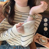 裏起毛 ハイネック リブニット ボーダー トップス | ミスウェディー | 詳細画像1 