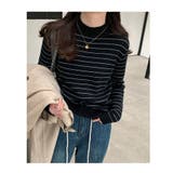 ブラック | 裏起毛 ハイネック リブニット ボーダー トップス | ミスウェディー