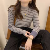 グレー | 裏起毛 ハイネック リブニット ボーダー トップス | ミスウェディー