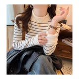 ホワイト | 裏起毛 ハイネック リブニット ボーダー トップス | ミスウェディー