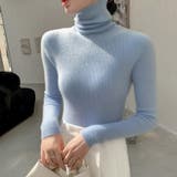 ブルー | ニット セーター レディース ハイネック 長袖 シンプル 通勤 秋冬 韓国 | ミスウェディー