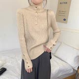 モカベージュ | リブニット レディース トップス 袖ボタン 長袖 きれいめ オフィス 秋冬 | ミスウェディー