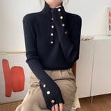ブラック | リブニット レディース トップス 袖ボタン 長袖 きれいめ オフィス 秋冬 | ミスウェディー