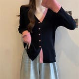 ピンク | 配色ニット レディース カーディガン Vネック 長袖 おしゃれ 春秋 韓国 | ミスウェディー
