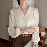 アプリコット | Vネックブラウス レディース 長袖 無地 ゆったり シンプル 春秋 韓国 | ミスウェディー