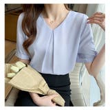 ライトブルー | シャツブラウス 長袖 Vネック | ミスウェディー