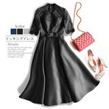 ブラック | 立襟Vネックのサテンフレアドッキングドレス ドレス パーティドレス | みつば