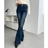 インディゴブルー | ウエストベルトフレアデニムパンツ | moment+