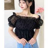 ブラック | フロッキードットチュール2WAYオフショルペプラムトップス | moment+