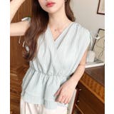 ミント | ドビーストライブ前後2WAYショルダーシャーリングリボンペプラムブラウス | moment+