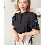 ブラック | シフォンジョーゼット半袖ダブルフリルブラウス | moment+