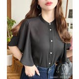 ブラック | シフォンジョーゼット半袖無地&ドットプリント アソートラッフルスリーブブラウス | moment+