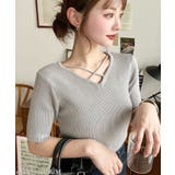 グレー | クロスストラップSS半袖リブニットプルオーバー | moment+