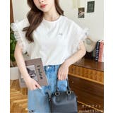 オフホワイト | 綿100%フリルスリーブリボンプリントTシャツ | moment+