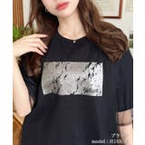 ブラック | チュールレイヤード箔プリント半袖Tシャツ | moment+