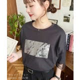 チャコールグレー | チュールレイヤード箔プリント半袖Tシャツ | moment+