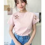 ピンク | フラワー刺繍半袖Tシャツ | moment+