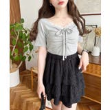 杢グレー | ドットプリントフロントレースギャザーリボントップス | moment+