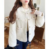 アイボリー | 金ボタンノーカラージャケット フェイクリングウール | moment+